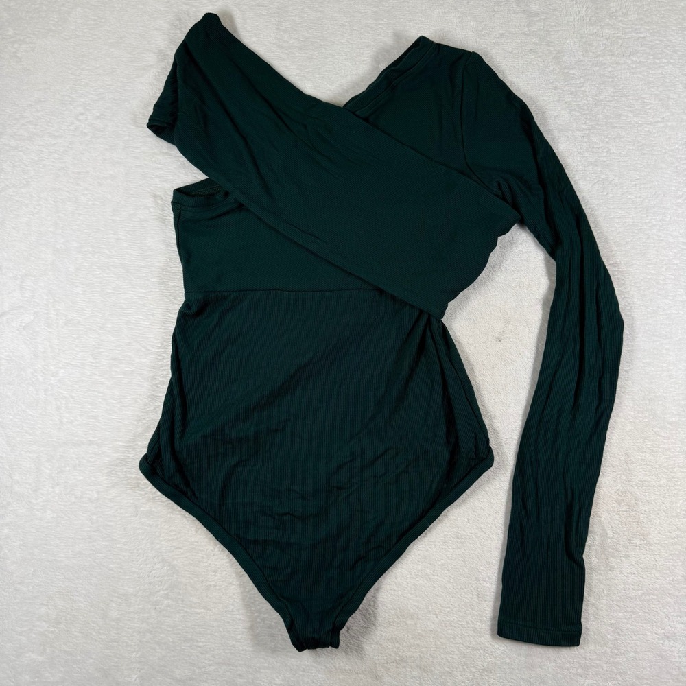 ALIX NYC Green One Shoulder Asymmetric Ribbed Bodysuit Long Sleeve Size L